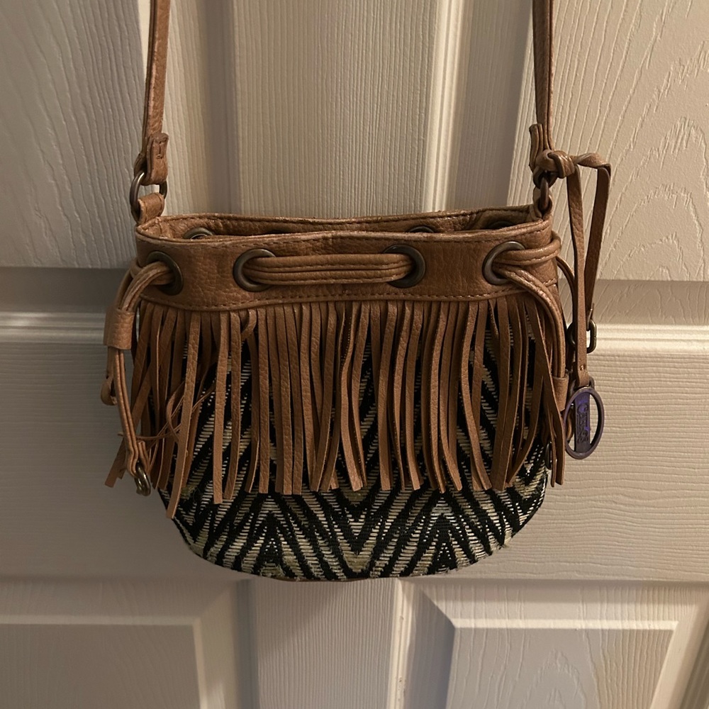 Brown Tassel Crossbody Purse With Pattern Fabric EUC